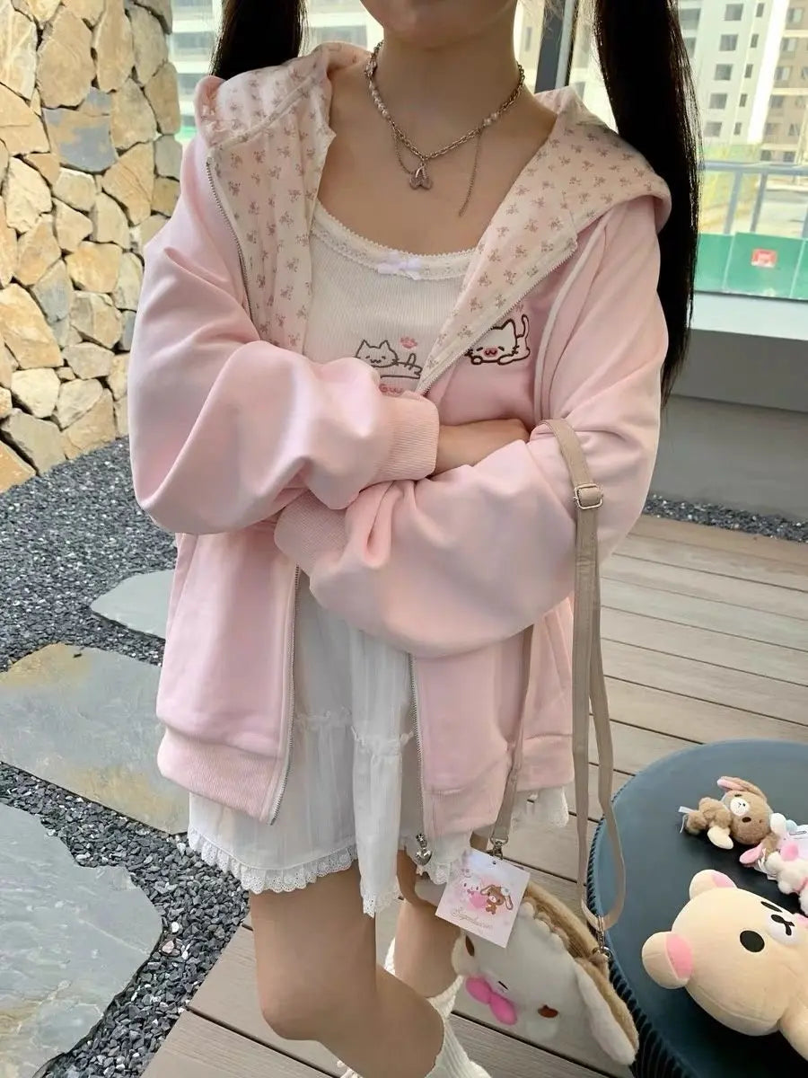 Thin Cat Pattern Floral Long Sleeve Zippered Hoodie Women's Spring and Summer Japanese Style Cute Open Cardigan Loose Top