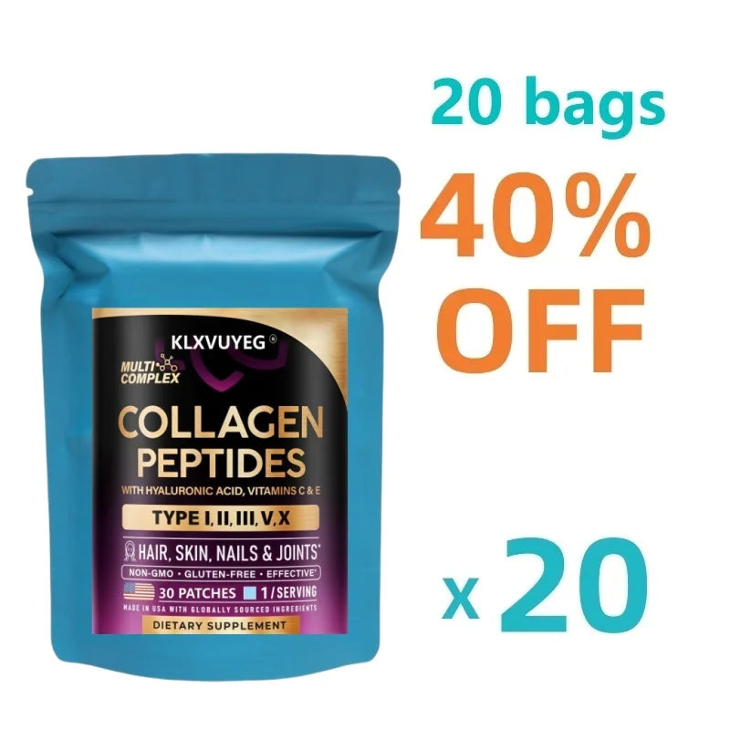 KLXVUYEG Collagen Peptides - Hydrolyzed Types I, II, III, V & X, with Hyaluronic Acid, Vitamins C & E - Skin, Hair, 30 Patches