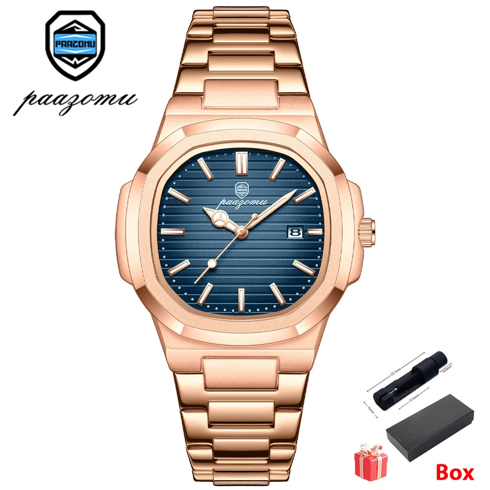 PAAZOMU Luxury Watch Business 50 ATM Waterproof Male Clock Luminous Date Stainless Steel Square Quartz Men Watches Reloj Hombre