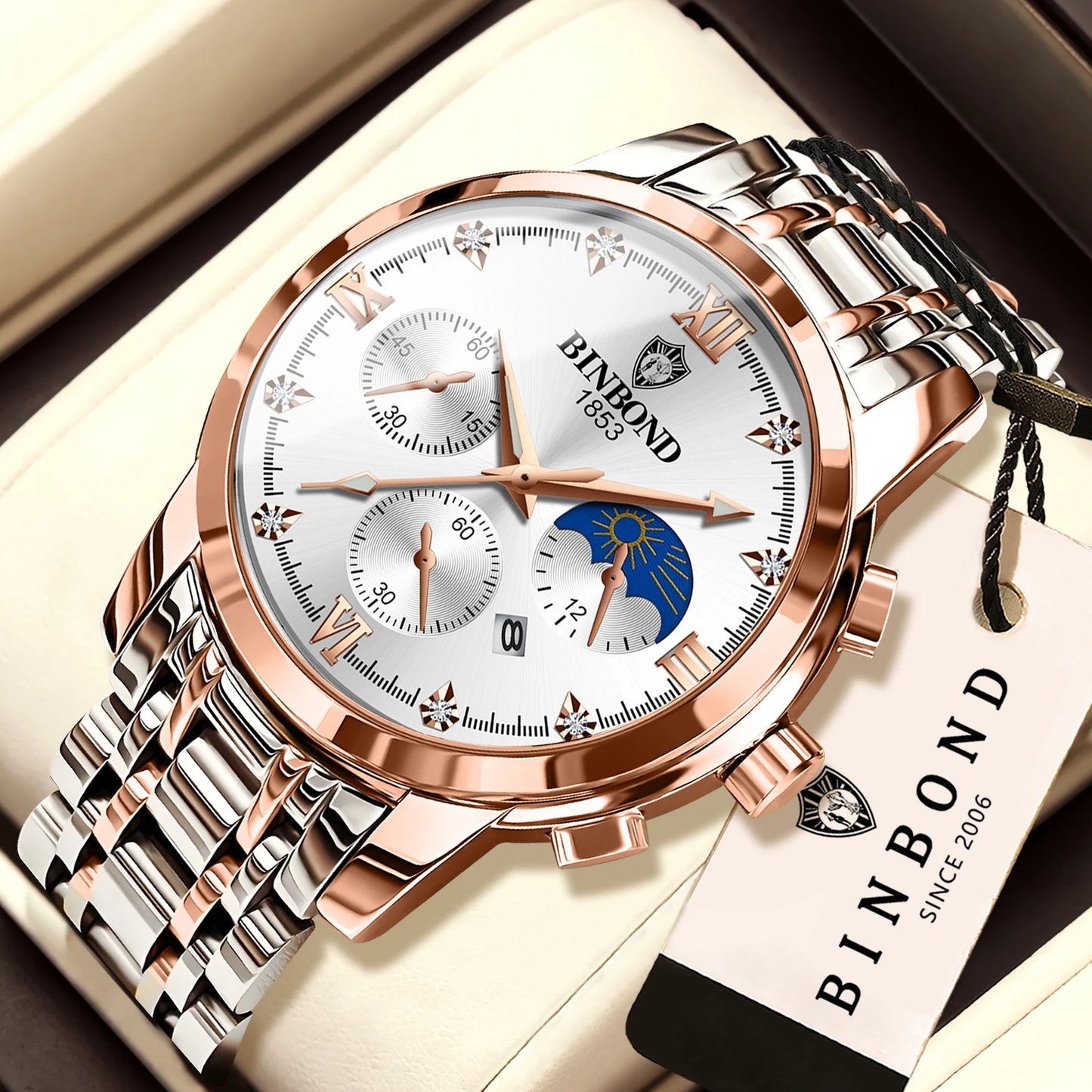 BINBOND Authentic Brand Precise Quartz Watches For Men Luxury Luminous Waterproof Sturdy Men's Watch Stainless Steel Reloj