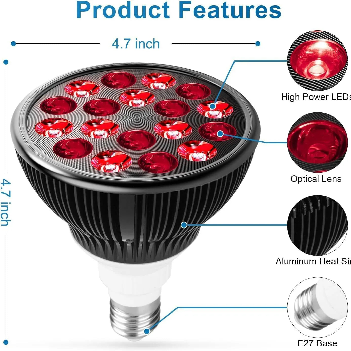 E27 54W 660nm&850nm LED Red Light Therapy Lamp Infrared Bulb For Face Skin Care Pain Relief