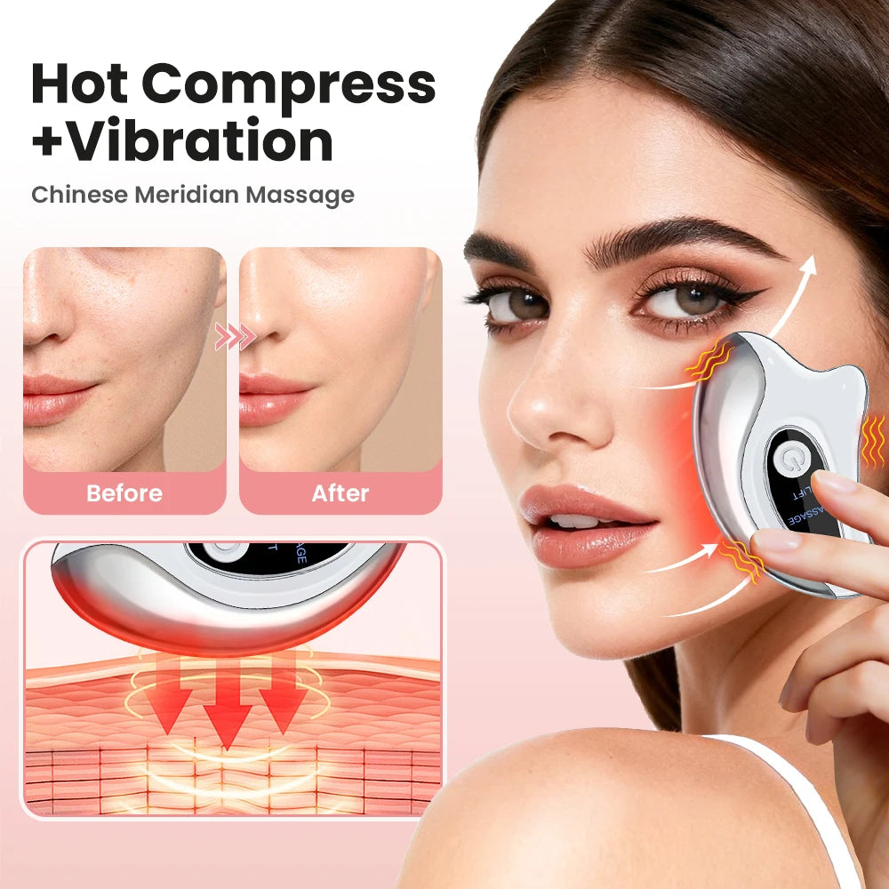 Electric Gua Sha Facial Tool with 45°C Heat & Vibration, 2 Modes Face Massager with LCD Screen, Heated Face Sculpting Tool for Skin Care