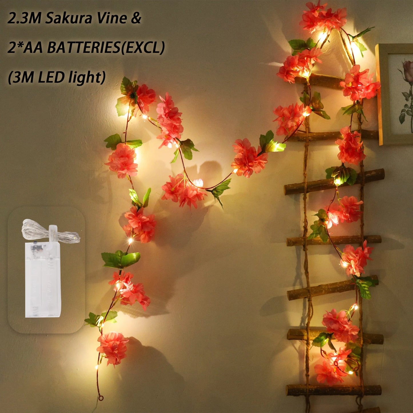 Artificial Sakura Flowers Vine LED String Lights Wedding Decoration Garden Arch Hanging Home Room Decor Christmas Party Ornament