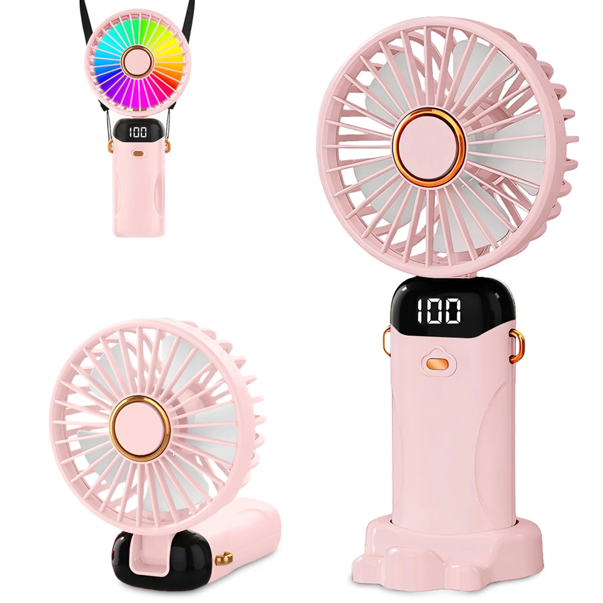 USB Rechargeable Handheld Fan 1200mAh 6 Speeds Foldable LED Light Blade Portable Mini Fan Personal Cooler for Home Gift
