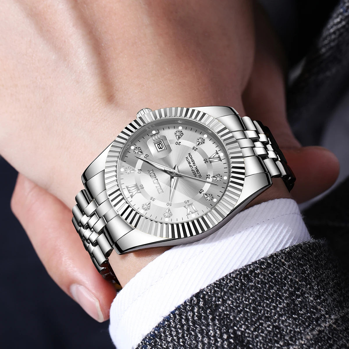 Luxury Rhinestone Men Business Watches Fashion Men's Calendar Quartz Watch with Stainless Steel Strap Reloj Hombre (Without Box)