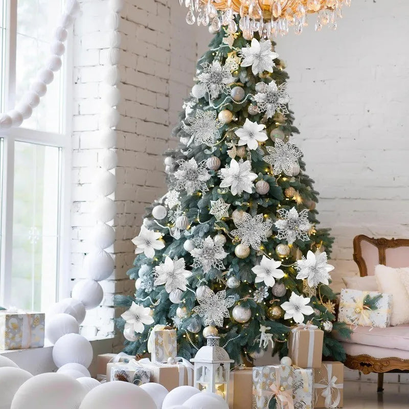 5Pcs Christmas Flowers Glitter Flowers Artificial Berry Christmas Tree Decorations Ornaments Xmas Party Wreath Floral Home Decor