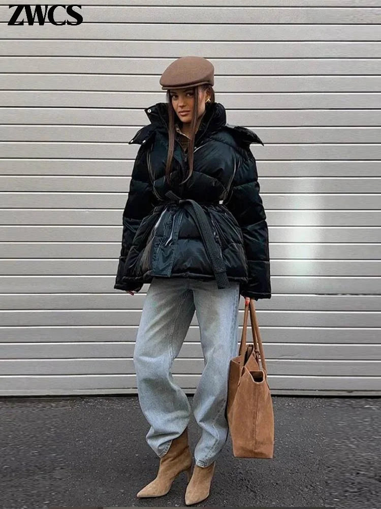 Warm Glossy Hooded Lace-up Cotton Coats Women's Casual Zipper Bottons Belted Overcoat 2026 Winter New Female Solid Streetwear