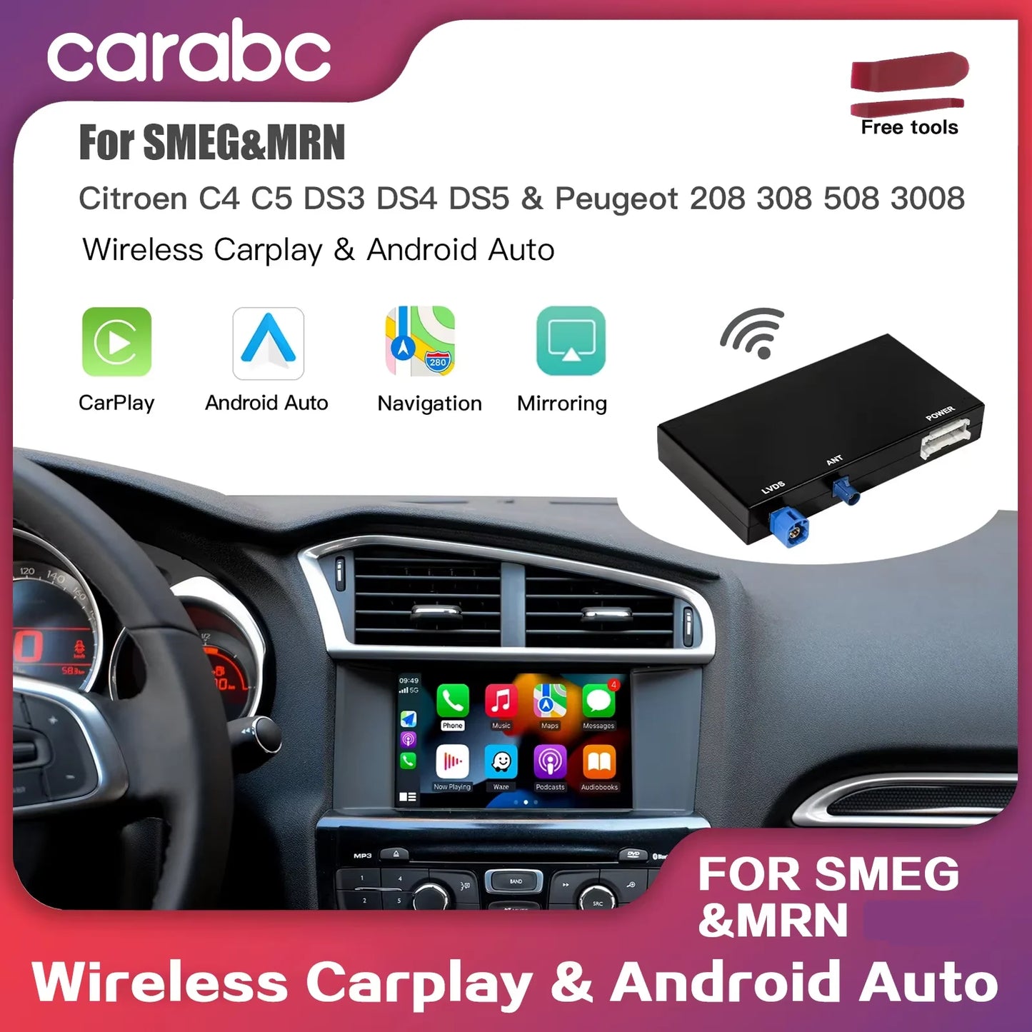 CARABC Wireless Carplay box For Peugeot Citroen SMEG SMEG+ Picasso C4 C5 DS4 DS3 308 508 208 3008 Android Auto AirPlay Module