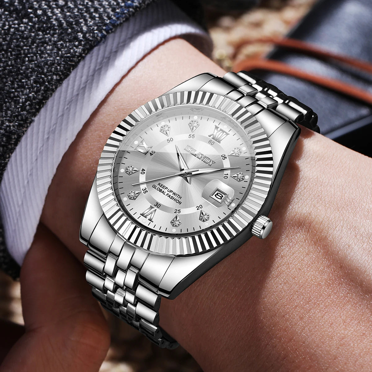 Luxury Rhinestone Men Business Watches Fashion Men's Calendar Quartz Watch with Stainless Steel Strap Reloj Hombre (Without Box)