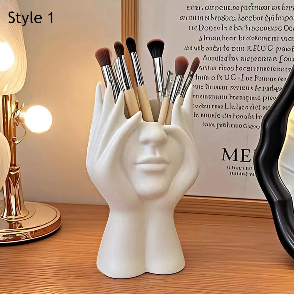 Face Shape Makeup Brush Holder Modern Nordic Flower Vases Makeup Storage Box Half Face Portrait Decor For Home Office Book Shelf
