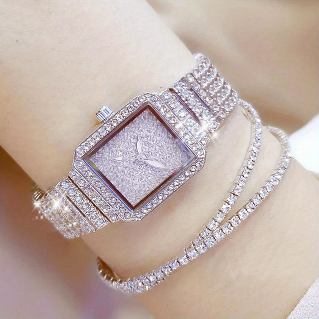 3pcs/set Ladies Watch Luxury Women Watch Crystal Rhinestone Watches Quartz Stainless Steel Strap Wristwatch Square Dial Wrist