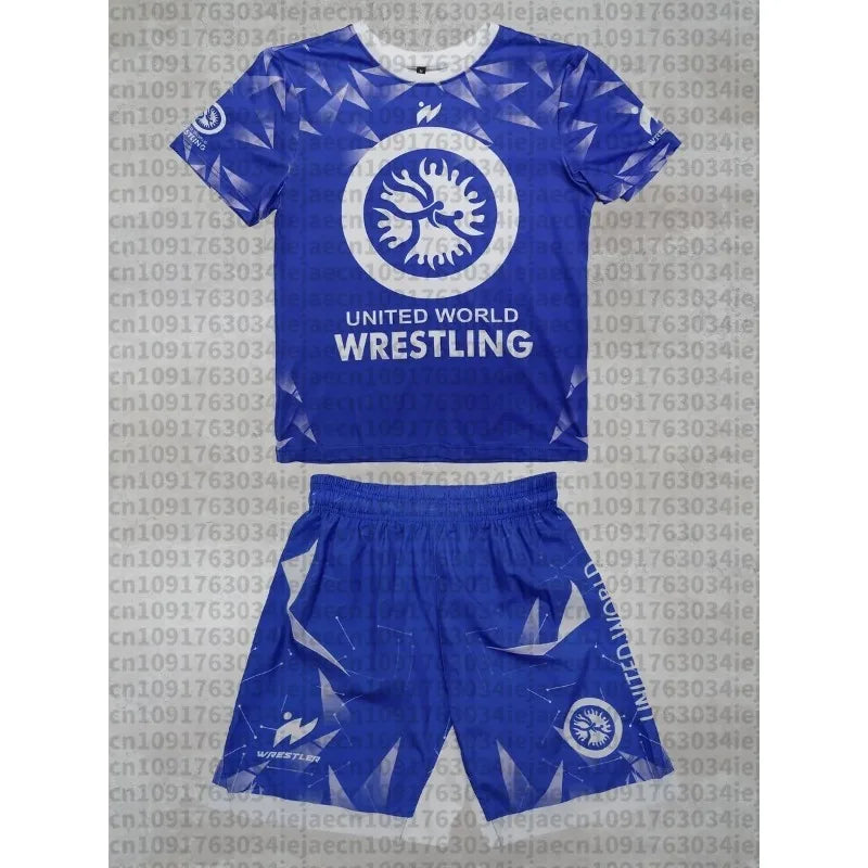 2026 New Summer Men United World Wrestling Sportswear Set Short Sleeve T Shirt and Shorts for MMA Training Lightweight