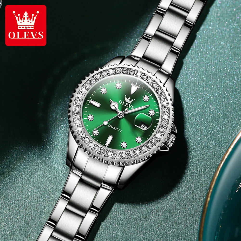 OLEVS Elegant Original Quartz Women's Watch Luxury Diamond Dial Fashion Steel Band Leather Band Waterproof Glow Watch 9945