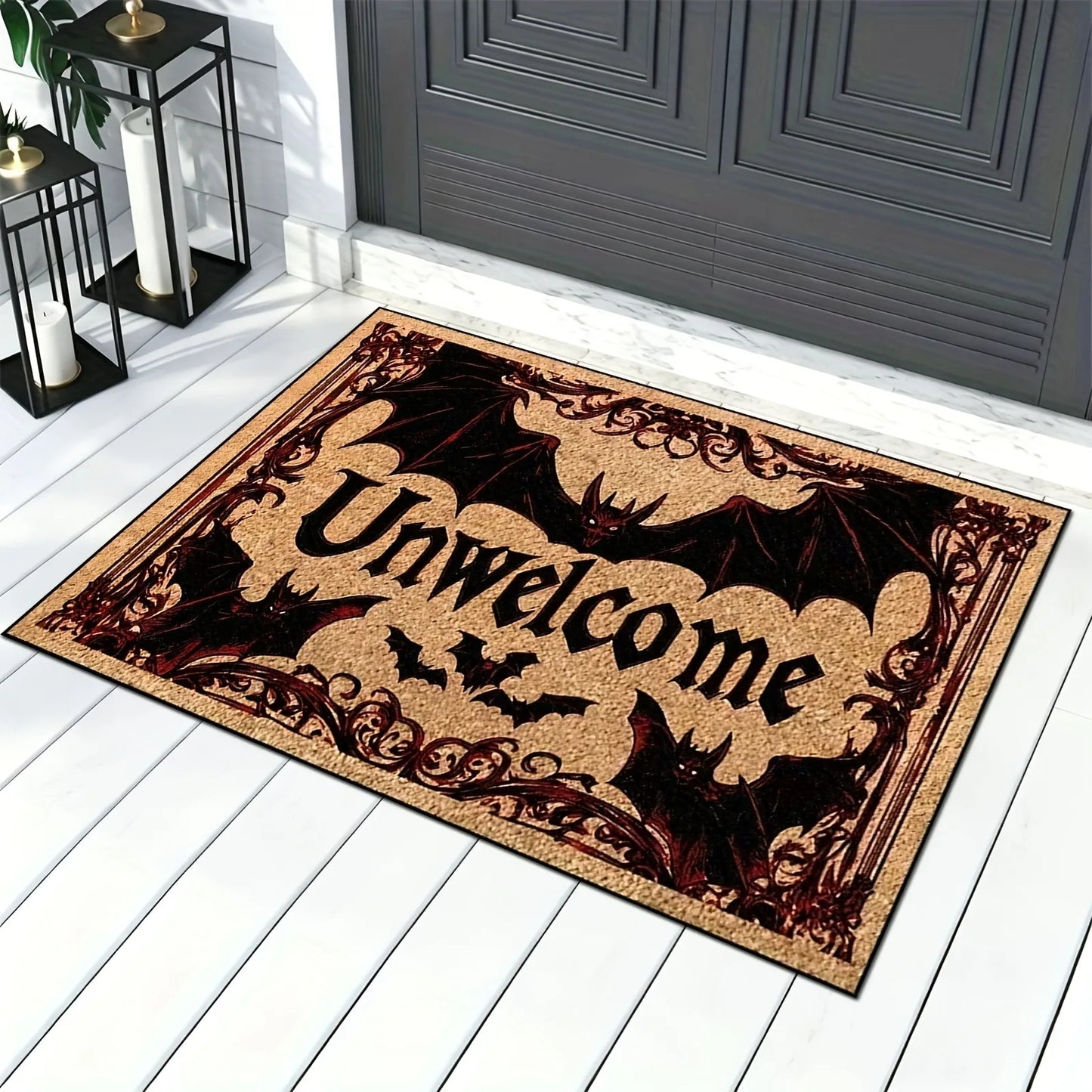 1pc Halloween Welcome Doormat - Non-Slip Soft Plush Heavy-Duty Gothic Bat with Red Lettering Design, Durable Non-Woven Fabric & Rubber Backing Indoor/Outdoor Mat, Suitable for Entryway, Porch, Garden Decor, 24"x16" & 30"x18",
