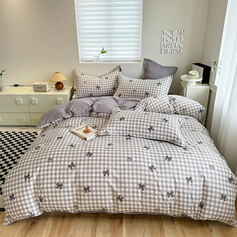 Korean Ins Pink Plaid Duvet Cover Set Queen King Bowknot Print Bedding Set Skin Friendly Soft Comforter Cover Sheets Pillowcases