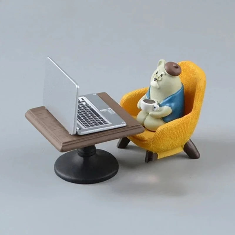 Cartoon Cat Frog Bear Yellow Chair Computer Office Model Mini Action Figures Resin Home Decor Accessories Desktop Figurine Toys