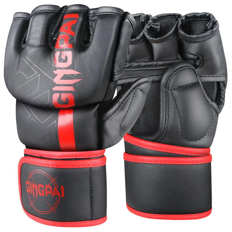 GINGPAI Half Finger Boxing Gloves PU Leather MMA Fighting Kick Boxing Gloves Karate Muay Thai Training Workout Gloves Men