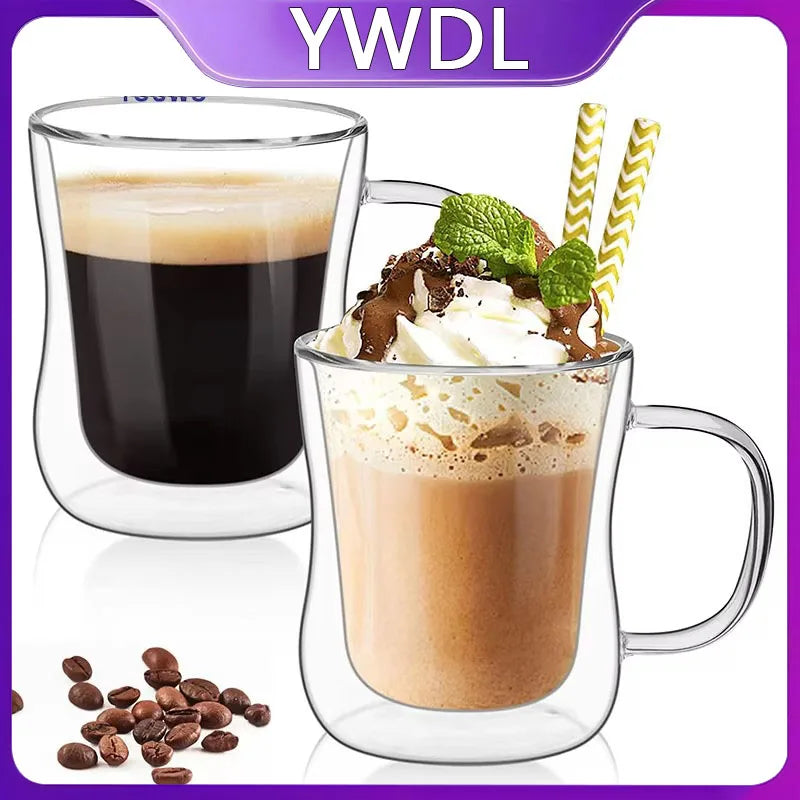 YWDL 1-4pcs Double Wall Glass Espresso Cups Clear Coffee Mug With Handle For Hot Cold Beverage Wine Milk Juice Drinkware Set