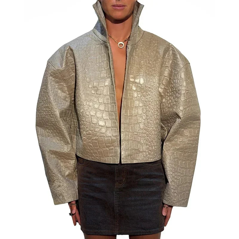 Crocodile Pattern Embossed Short Women Leather Jacket Stand Collar Zipper Long Sleeved Cropped Jackets 2026 Street Daily Outfit
