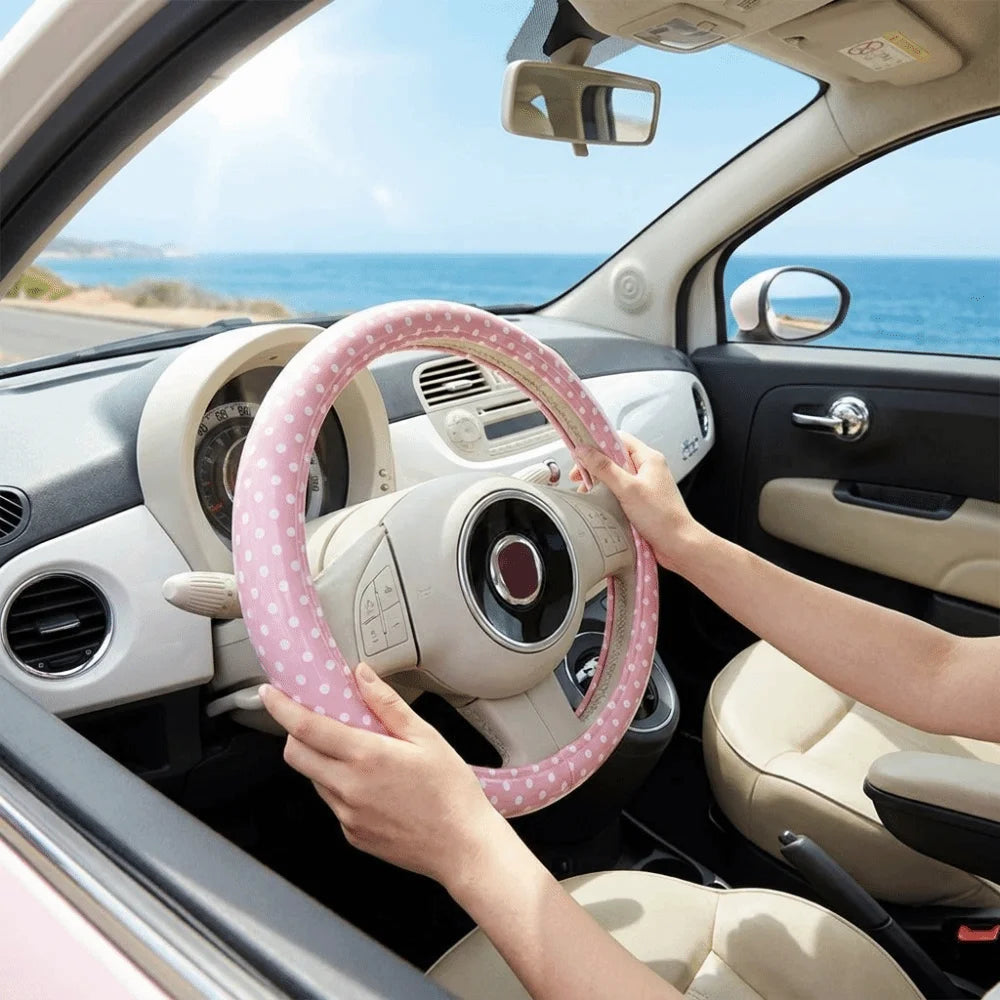 Polka Dot Pattern Steering Wheel Cover Leather Material Comfortable Hand Feel Car Protective Sleeve Easy To Install Stylish Look