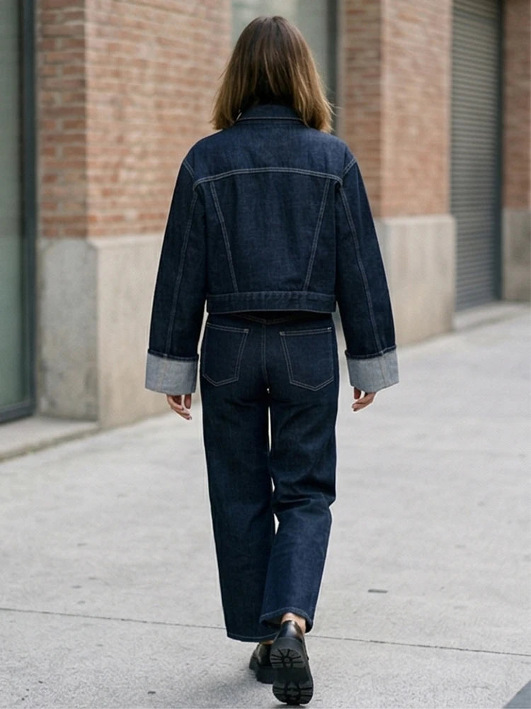 Willshela Women Fashion With Pockets Denim Blue Single Breasted Jackets Vintage Lapel Neck Long Sleeves Female Chic Lady Outfits