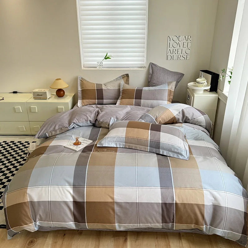 Korean Ins Pink Plaid Duvet Cover Set Queen King Bowknot Print Bedding Set Skin Friendly Soft Comforter Cover Sheets Pillowcases