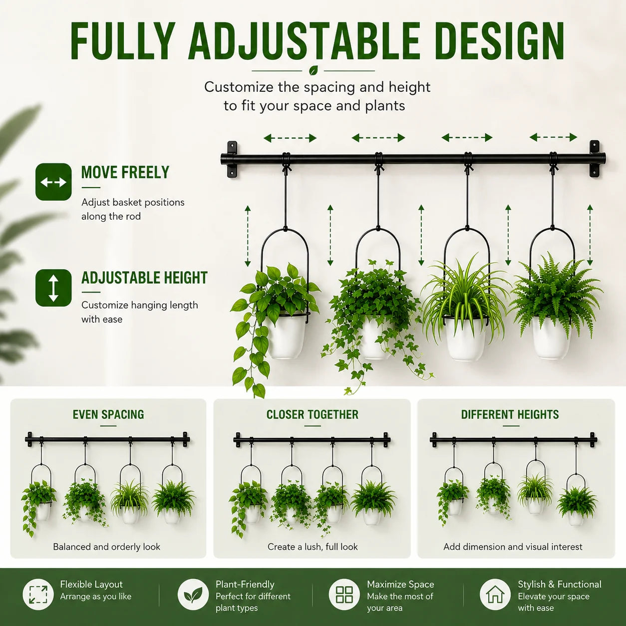 Adjustable Hanging Window Planter with 4 Pots, 41 Inch Wall Mounted Metal Plant Hanger, Space Saving Indoor Herb Garden Hanging Plant Rack for Kitchen, Balcony, Living Room & Home Decor