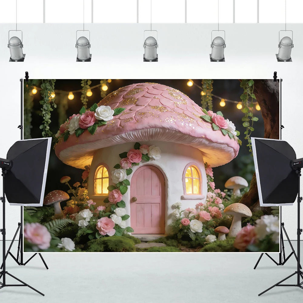 Pink Mushroom House Backdrop Enchanted Fairy Forest Floral Photography Background for Girls Birthday Baby Shower Party Decor