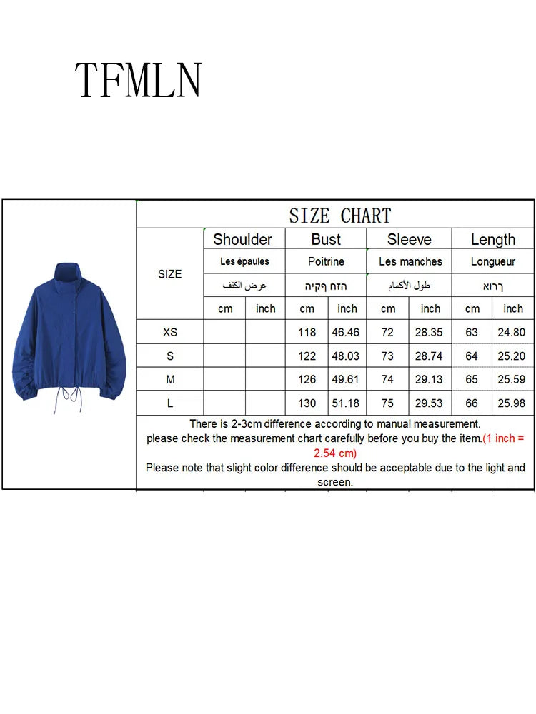 TFMLN Vintage Blue Single Breasted Jackets For Women 2026 Autumn New Chic Causal Folds Sleeve Stand Collar Coats High Street Top