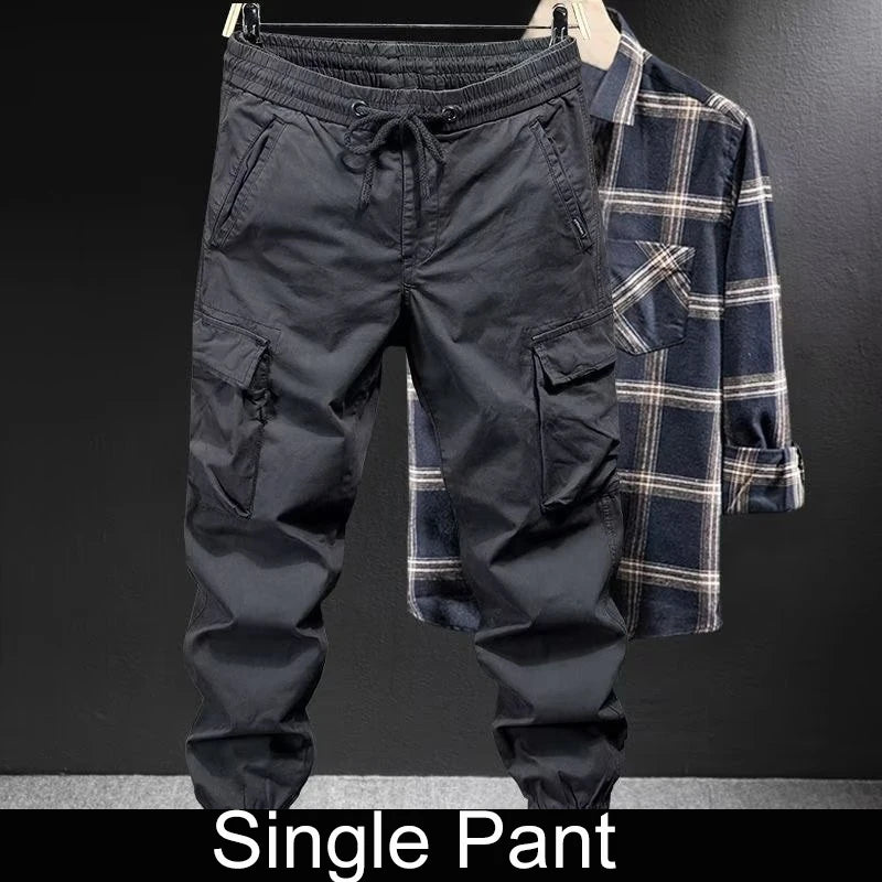 KIDWHXR Man Cargo Pant Autumn Retro Pocket Breathable Workwear Men Pencil Pant Loose Drawstring Outdoor Casual Male Trousers