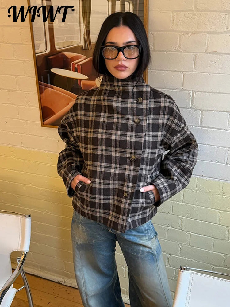 2026 Autumn Plaid Stand Collar Woolen Coats Ladies Casual Single-breasted Pockets Full Sleeve Jackets Women's Street Outwear