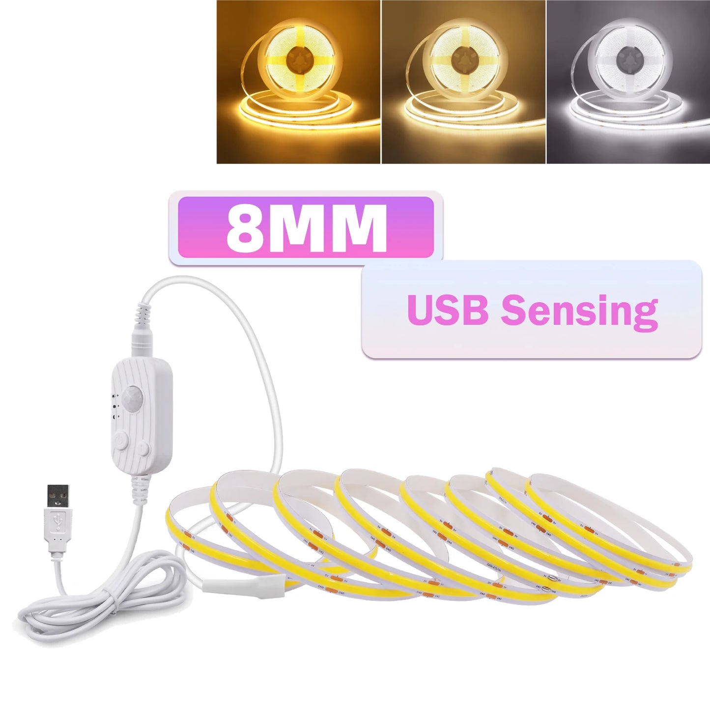 3MM 5MM 8MM COB LED Strip 5V 320LEDs/m PIR Motion Sensor Flexible Tape USB/Battery Powered Under Cabinet Kitchen Lighting Strip