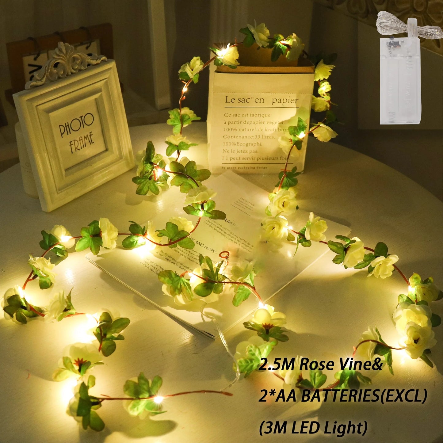 Rose LED Lights String Artificial Flowers Ivy Leaves Wedding Garland Home Room Decoration Arch Hanging Wall Garden Party Decor