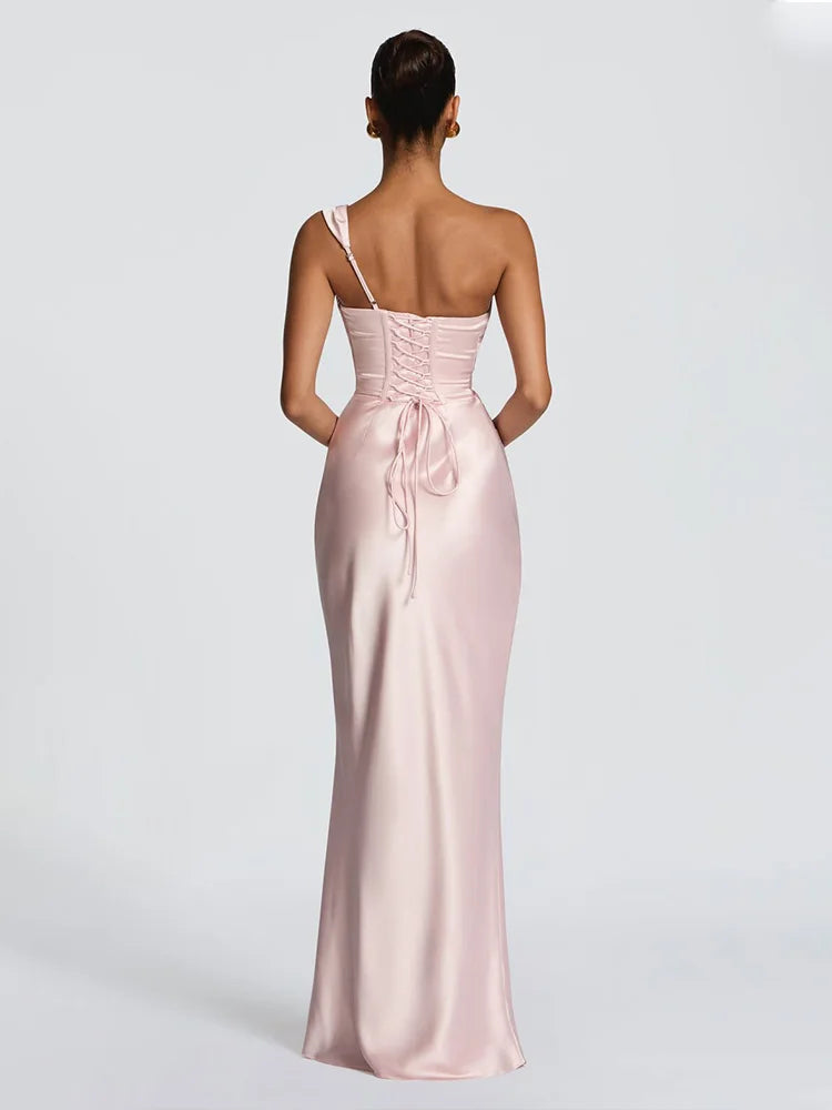 Rinabe Solid Cinched Waist Dress One Shoulder Satin Low Chest Evening Gown Ruched Backless Sexy Back Lace Up Chic Party Dresses