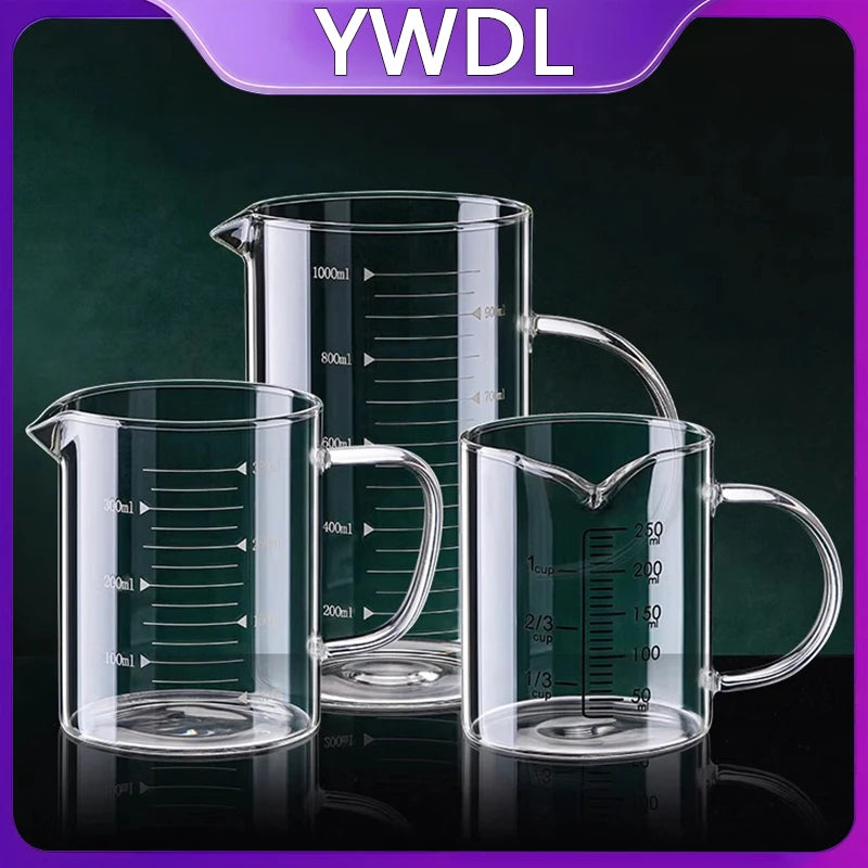 YWDL 1/2pcs Glass Measuring Cup With Handle Heat-resistant Laboratory Beaker Kitchen Milk Coffe Measuring Mug 250/350/500/1000ml
