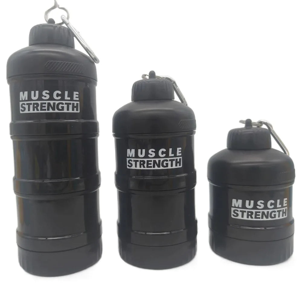 High Quality Plastic Protein Powder Box with Mountaineering Buckle Funnel Fitness Supplement Bottle Portable Medicine Box