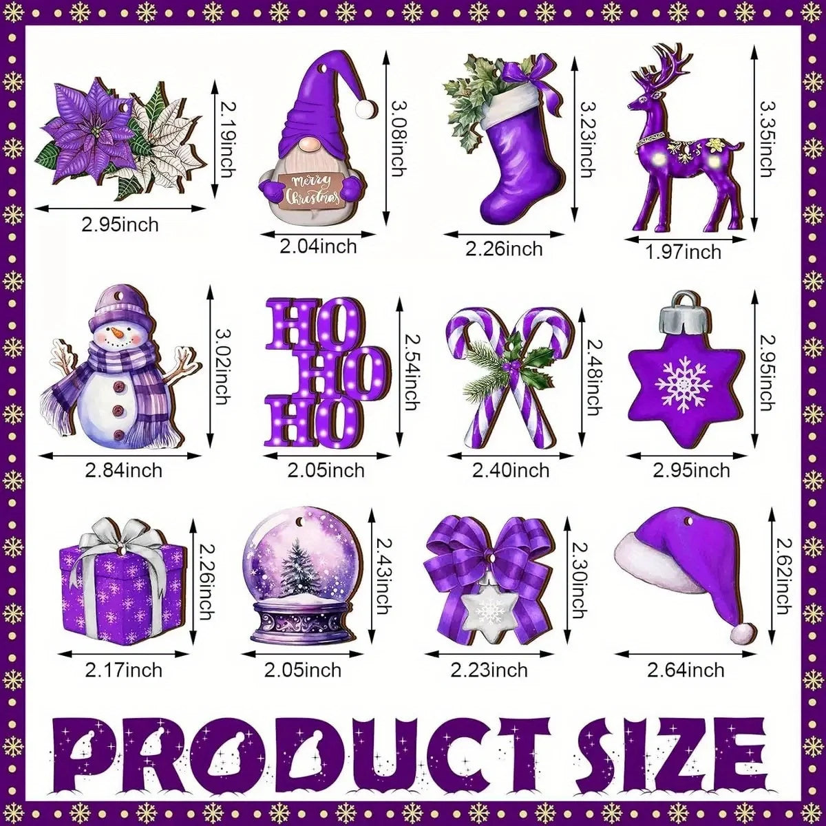 12-Piece Wooden Christmas Ornament Set - Glossy Deep Purple and Light Purple Hanging Decorations