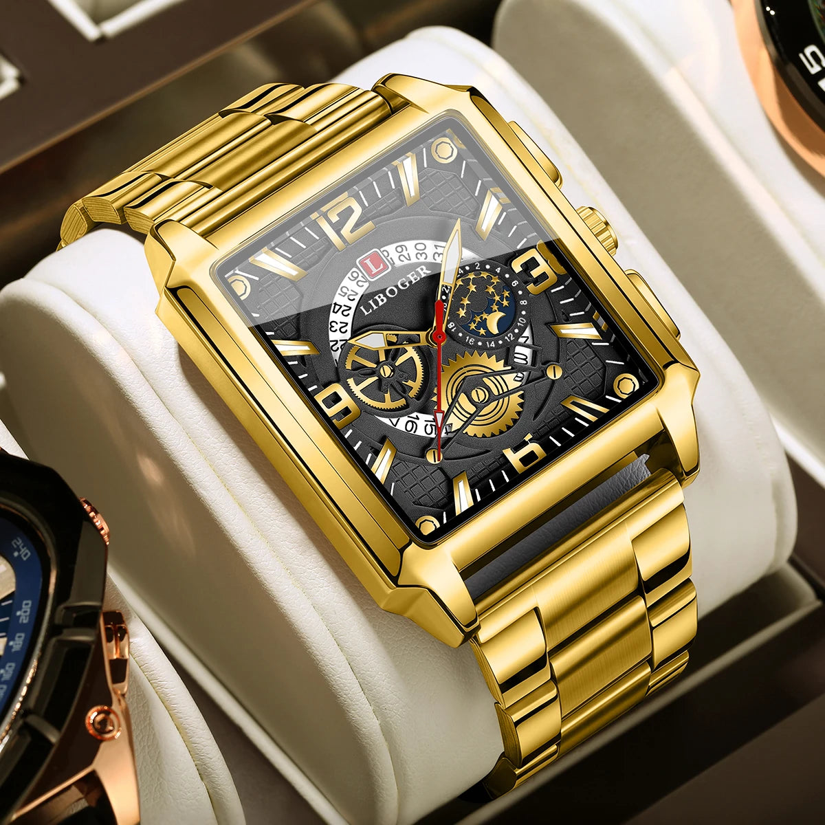 Luxury Men Business Watches Golden Stainless Steel Band Calendar Quartz Wristwatch Clock Gift Relogio Masculino（Without Box）