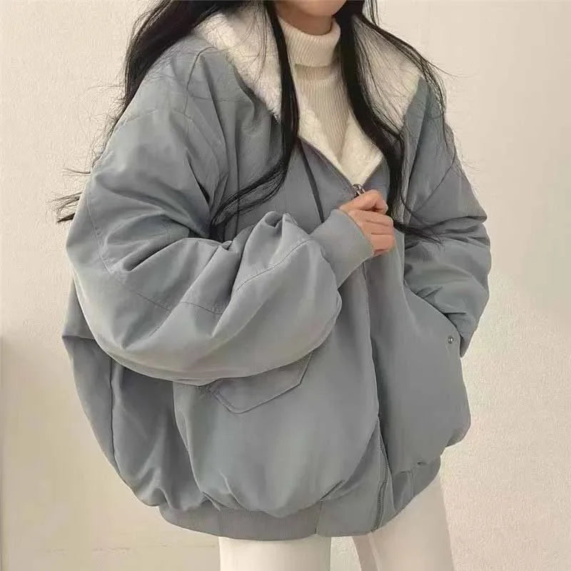 Smvp Winter Thicken Warm Parkas Women Fashion Double Sided Hooded Fleece Coat Ladies Korean Loose Long Sleeve Zip Up Jackets