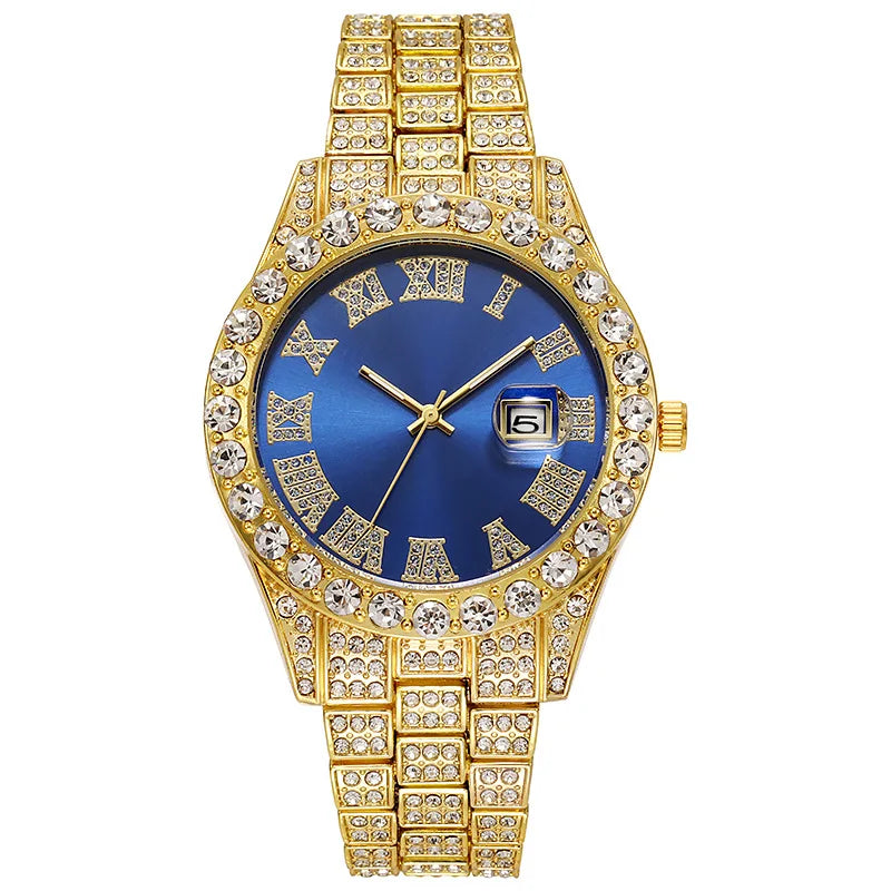 Luxury Classic Golden Men's Steel Strap Roman Scale Rhinestone Calendar Quartz Watch Fashion Male Wristwatch Relogio Masculino