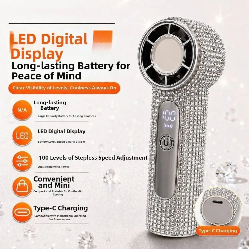 Digital Display Rhinestone Handheld Fan Sparkling 100 Gears Portable Hand Fan Quiet Operation Strong Wind Personal Electric Fan