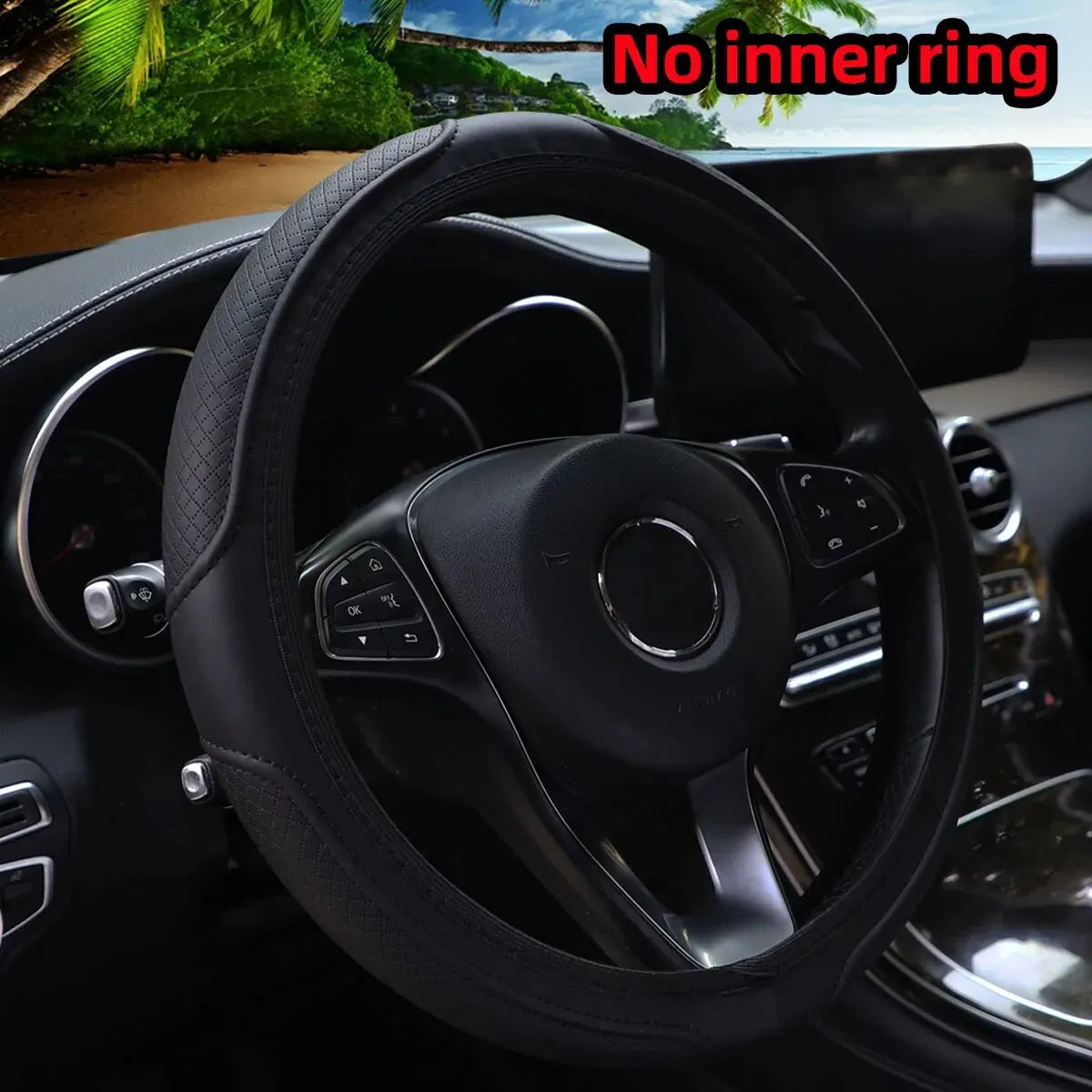 Artificial Leather Three-dimensional Embossed-car without Inner Ring Steering Wheel Cover Auto Parts for 14.5-15 Inches