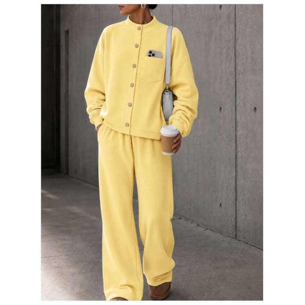Autumn Women's Single-breasted Button-down Long-sleeved Cardigan Trousers 2-piece Set Casual Retro Wide-leg Trousers Female Suit