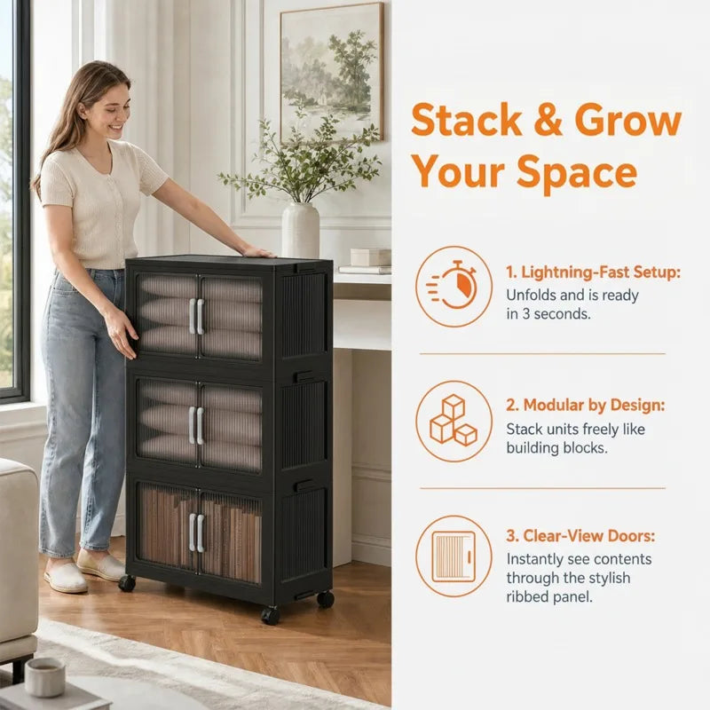 5‑Tier Stackable Plastic Storage Cabinet with Wheels, Foldable Storage Organizer with Transparent Flip‑Door, Multi‑Layer Portable Closet Organizer for Bedroom Living Room Home