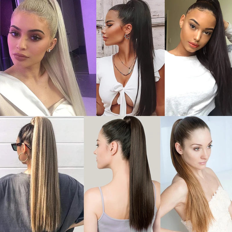LISI GIRL Synthetic Hair 22''34'' Long Straight Ponytail Wrap Around Ponytail Clip in Hair Extensions Black Hairpiece Headwear